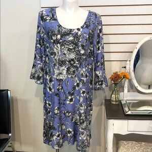 Avenue Floral Long Sleeve Dress - Periwinkle Blue, Black & White